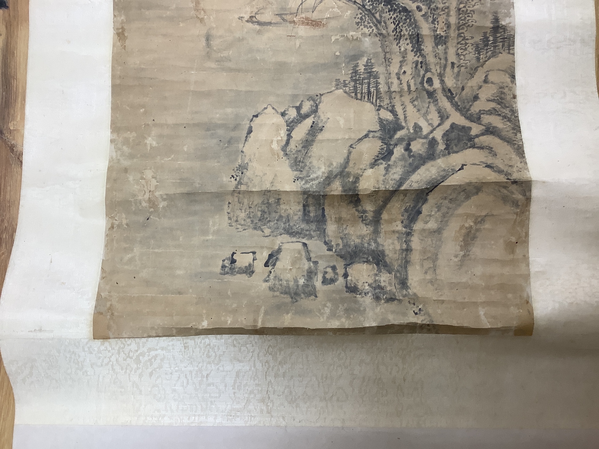 A Chinese scroll painting on paper of a river landscape scene, Qing dynasty Image 100 cm X 36 cm